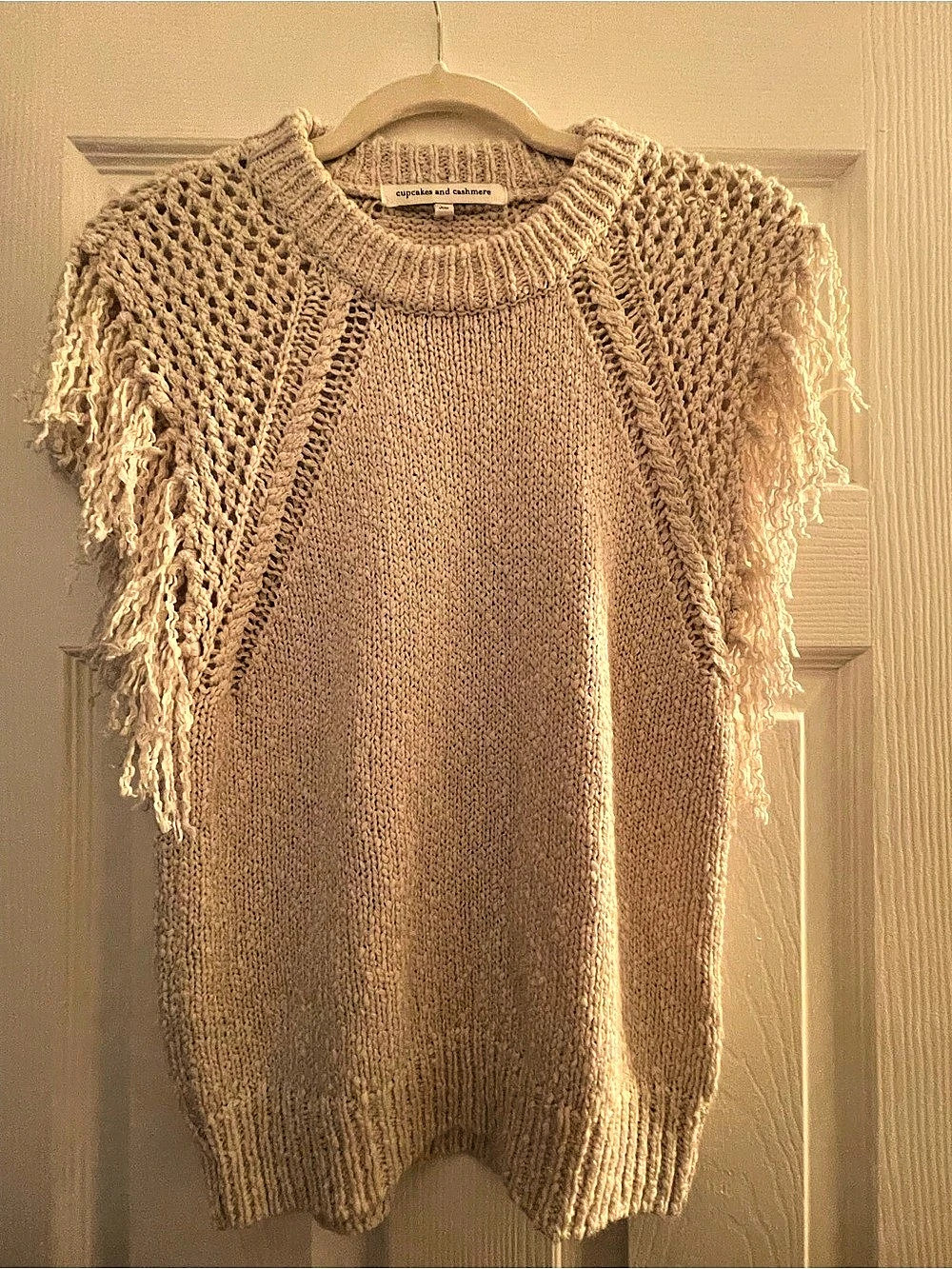cupcakes and cashmere C1106983 Fringe Knit Sweater Vest in Beige Size Medium